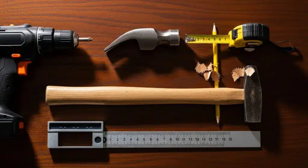 Herramientas esenciales para empezar en la carpintería. Kit básico de herramientas de carpintería en una vista cenital sobre una mesa de madera.