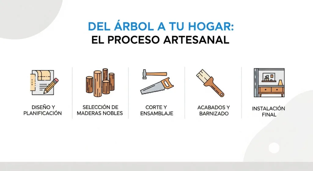 Infografía que muestra el proceso artesanal de la carpintería en Madrid, desde el diseño del mueble hasta la instalación final en el hogar del cliente.