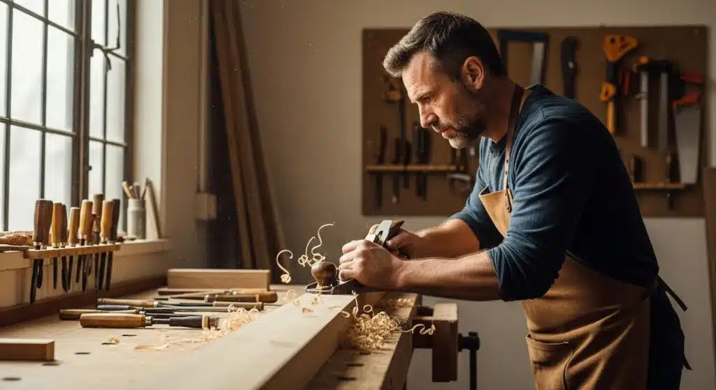 Maestro carpintero cepillando madera con precisión Hombre usando un cepillo de carpintero en un taller de madera