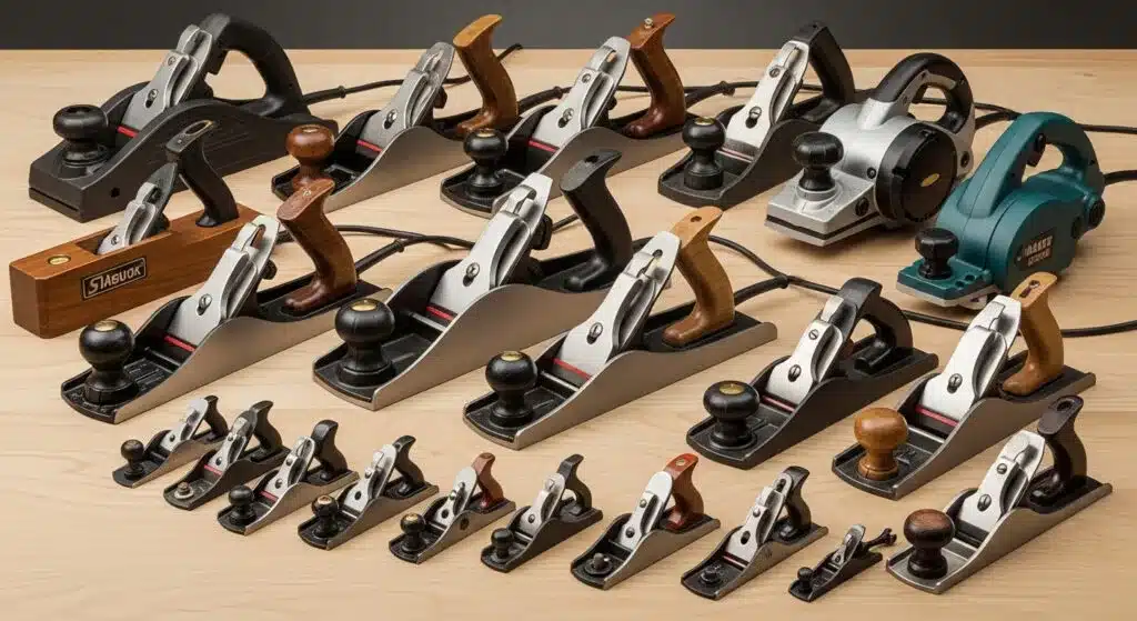 Colección de cepillos manuales de madera y metal para diversas tareas Varios tipos de cepillos de carpintero sobre una mesa
